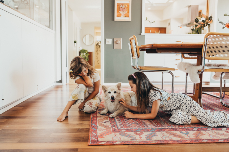 Sisters playing with family dog on rug during relaxed in-home family photo session.